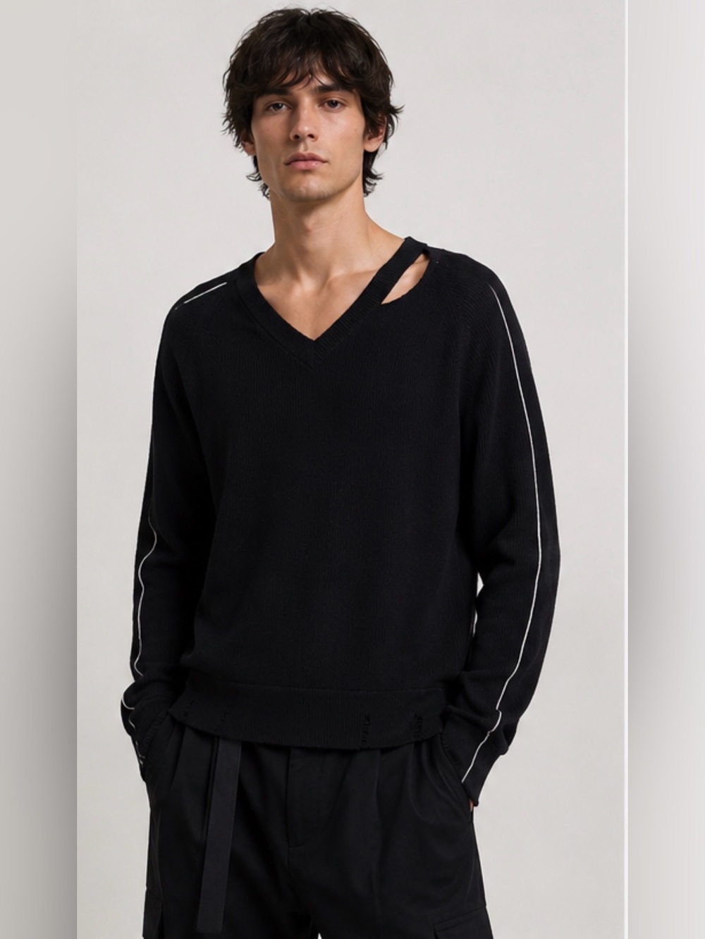 Helmut Lang Black Distressed Cutout V Neck Sweater Unisex Men’s Sm Wool Cashmere